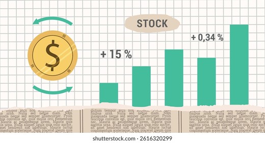 Contemporary Halftone Collage for investments concept, marketing, trading. Online Stock banner with finance elements, coins, money. Horizontal invest or business poster. Vector illustration.