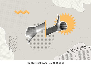 Contemporary halftone collage. Quality concept, rating,reviews. Hands with thumbs up and thumbs down gestures. Modern business collage for design. Vector illustration