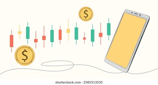 Contemporary Halftone Collage smartphone for investments concept, marketing, trading. Online Stock banner with finance elements, coins, money. Vertical invest or business poster. Vector illustration.