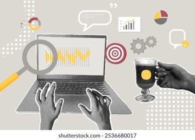 Contemporary halftone collage. Workspace concept with coffee and laptop, scrutiny, analysis,speech bubbles, goal, employee participation concept, interaction to get solution. Trendy pop art