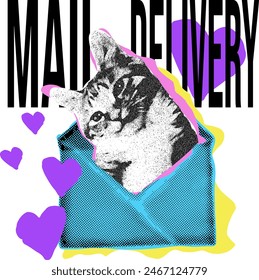 Contemporary halftone grain collage with cat in envelope great design for any purposes. Mail delivery. Modern art.
