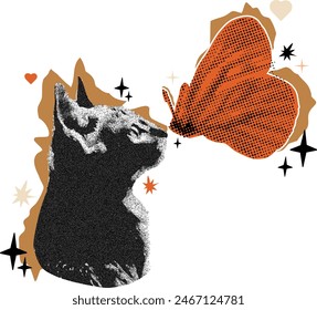 Contemporary halftone grain collage with cat and butterfly great design for any purposes. Grunge vector texture. Modern art.