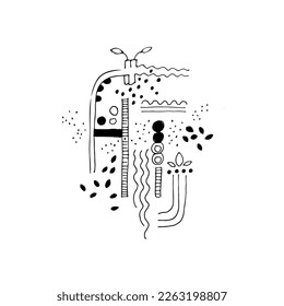 Contemporary hand drawn abstract doodle composition. Modern set of dots, shapes, spots, rectangles. For poster, t-shirt print, design. On an isolated white background.Vector