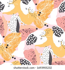 Contemporary hand drawn abstract pattern. Creative vector seamless pattern. Pastel colors. Fashionable template for design. Abstract collage with leaf motifs. Trendy abstract seamless pattern. 