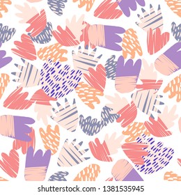 Contemporary hand drawn blots on white backdrop. Abstract floral shapes seamless pattern. Modern natural colorful shapes. Concept trendy fabric textile design