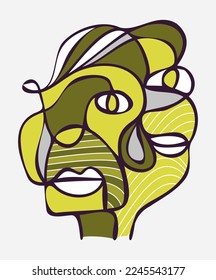 Contemporary hand drawn line art of surreal face portrait.