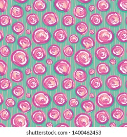Contemporary hand drawn pink and white painted swirly circles. Vector seamless pattern on doodle striped background. Great for wellness products, gifts, stationery, home decor, fashion