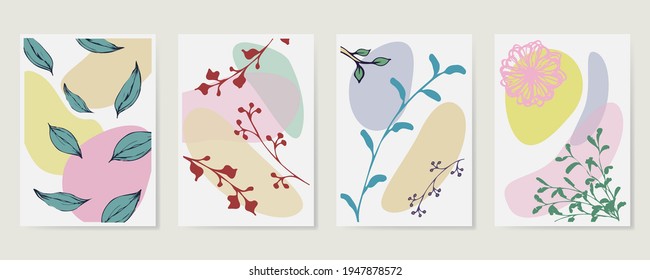 Contemporary Hand drawn Vector illustrations. Various Leaves and Flowers, abstract shapes. Ink painting style. Continuous line, minimalistic elegant concept. Vector illustration