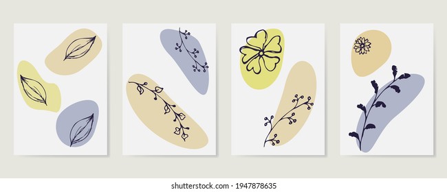 Contemporary Hand drawn Vector illustrations. Various Leaves and Flowers, abstract shapes. Ink painting style. Continuous line, minimalistic elegant concept. Vector illustration