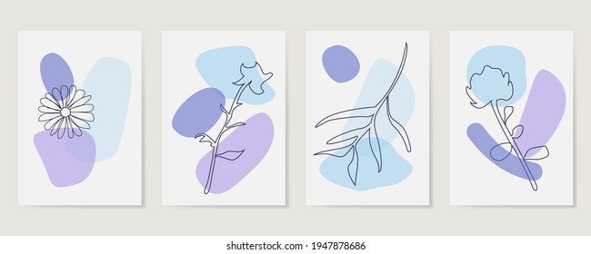 Contemporary Hand drawn Vector illustrations. Various Leaves and Flowers, abstract shapes. Ink painting style. Continuous line, minimalistic elegant concept. Vector illustration
