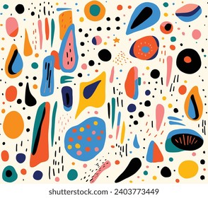 Contemporary Handmade Vector Illustration Pattern With Various Symmetrical Squares, Triangles, Shapes,Confetti Like Dots,Organic Shapes and Curved Lin