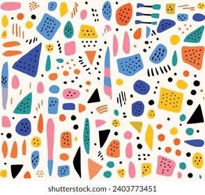 Contemporary Handmade Vector Illustration Pattern With Various Symmetrical Squares, Triangles, Shapes,Confetti Like Dots,Organic Shapes and Curved Lin