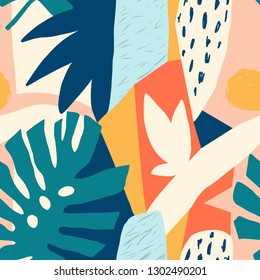 Contemporary hawaiian Collage floral seamless pattern. Modern exotic jungle fruits and plants illustration in vector.