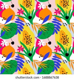 Contemporary hawaiian pattern. Exotic fruit and plant vector seamless pattern. Trendy vector background. Designs  for textile prints, wrapping paper, packaging design, clothes design, posters. 