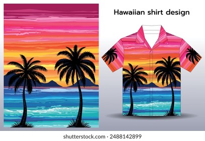 Contemporary Hawaiian Shirt Mockup, Ethnic Culture Patterns, Tropical Fashion Design for Summer, Cultural Diversity in Modern Fashion, Clothing Prints, Sunset shirt