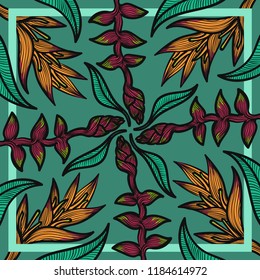 contemporary heliconia and leaves lines pattern with green frame