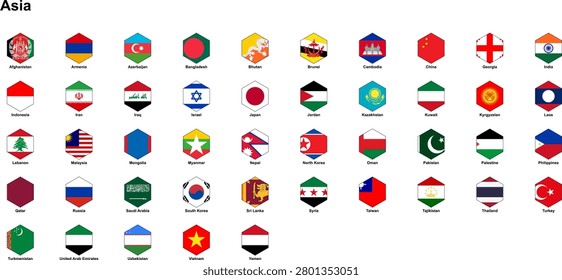 Contemporary hexagon shaped flags for all Asian nations. Great for tech-focused global presentations, geographic posters, and international themes. Contemporary hexagon shaped flags for all Asian nations. Great for tech-focused global presentations, geographic posters, and international themes.