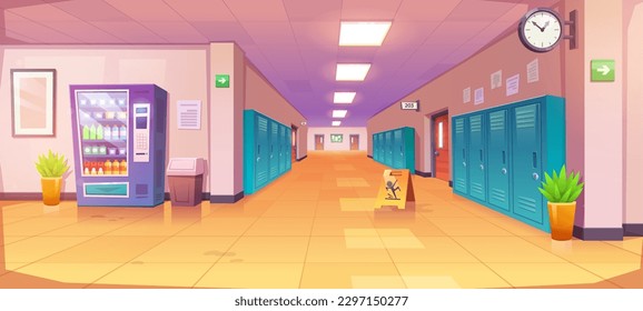 Contemporary high school corridor interior design with classroom doors, lockers for students, vending machine with snacks, waste bin and green plants, wet floor warning sign. Vector illustration