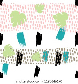 Contemporary Hipster Seamless Pattern with Palm Leaves Design . Hand Drawn Doodle Shapes Print . Minimal Wallpaper