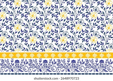 contemporary home decor featuring line floral seamless pattern with border drawn in fine outline style for use in digital textile and print

