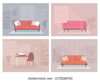 Contemporary home decor flat color vector illustration set. Living room and home office furniture arrangement. Fully editable 2D simple cartoon interior collection with large windows on background