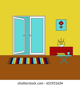 Contemporary home design. House furniture. Line colorful vector illustration. Balcony Door. 