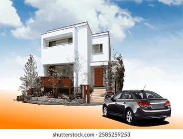 Contemporary home exterior with a parked red  car. Hand drawn Illustration