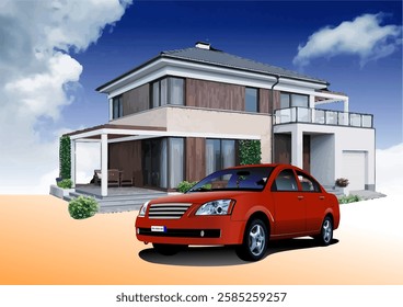 Contemporary home exterior with a parked red  car. Hand drawn Illustration