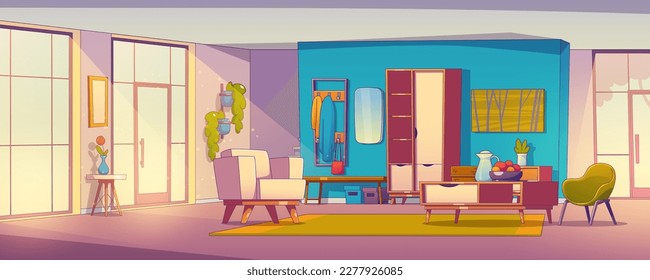 Contemporary home hallway interior design. Vector cartoon illustration of scandinavian style house corridor and living room with cozy armchairs, fruit on table, mirror and hanger on wall, large window