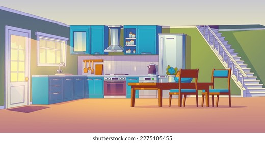 Contemporary home kitchen interior design. Vector cartoon illustration of dining room with furniture and equipment, refrigerator, electric oven, kettle, sink, table and chairs, stairs to second floor