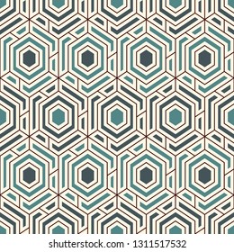 Contemporary honeycomb geometric pattern. Repeated hexagons ornament. Modern mosaic background. Seamless surface abstract design. Geo wallpaper. Digital paper, textile print. Vector art