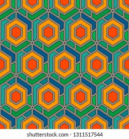 Contemporary honeycomb geometric pattern. Repeated hexagons ornament. Modern mosaic background. Seamless surface abstract design. Geo wallpaper. Digital paper, textile print. Vector art