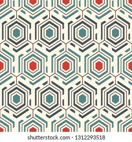 Contemporary honeycomb geometric pattern. Repeated hexagons ornament. Modern mosaic background. Seamless surface abstract design. Geo wallpaper. Digital paper, textile print. Vector art
