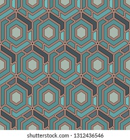 Contemporary honeycomb geometric pattern. Repeated hexagons ornament. Modern mosaic background. Seamless surface abstract design. Geo wallpaper. Digital paper, textile print. Vector art