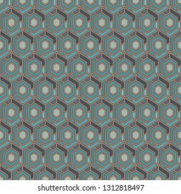 Contemporary honeycomb geometric pattern. Repeated hexagons ornament. Modern mosaic background. Seamless surface abstract design. Geo wallpaper. Digital paper, textile print. Vector art