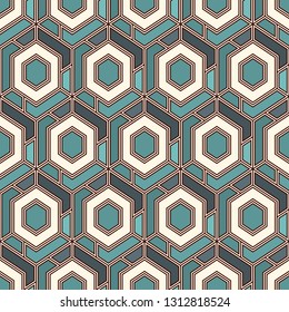 Contemporary honeycomb geometric pattern. Repeated hexagons ornament. Modern mosaic background. Seamless surface abstract design. Geo wallpaper. Digital paper, textile print. Vector art