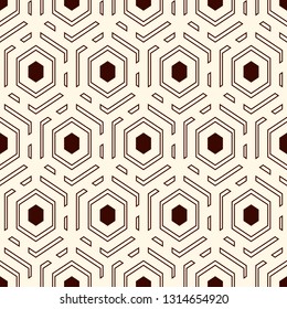 Contemporary honeycomb geometric pattern. Repeated hexagons ornament. Modern mosaic background. Seamless surface abstract design. Geo wallpaper. Digital paper, textile print. Vector art