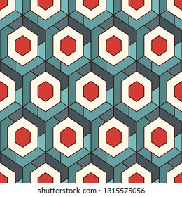 Contemporary honeycomb geometric pattern. Repeated hexagons ornament. Modern mosaic background. Seamless surface abstract design. Geo wallpaper. Digital paper, textile print. Vector art