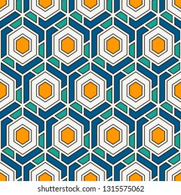 Contemporary honeycomb geometric pattern. Repeated hexagons ornament. Modern mosaic background. Seamless surface abstract design. Geo wallpaper. Digital paper, textile print. Vector art
