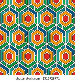 Contemporary honeycomb geometric pattern. Repeated hexagons ornament. Modern mosaic background. Seamless surface abstract design. Geo wallpaper. Digital paper, textile print. Vector art