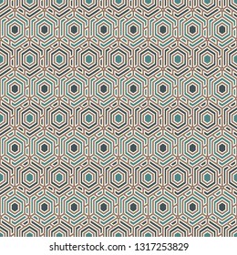 Contemporary honeycomb geometric pattern. Repeated hexagons ornament. Modern mosaic background. Seamless surface abstract design. Geo wallpaper. Digital paper, textile print. Vector art