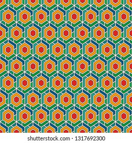 Contemporary honeycomb geometric pattern. Repeated hexagons ornament. Modern mosaic background. Seamless surface abstract design. Geo wallpaper. Digital paper, textile print. Vector art