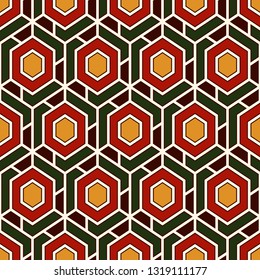 Contemporary honeycomb geometric pattern. Repeated hexagons ornament. Modern mosaic background. Seamless surface abstract design. Geo wallpaper. Digital paper, textile print. Vector art