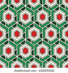 Contemporary honeycomb geometric pattern. Repeated hexagons ornament. Modern mosaic background. Seamless surface abstract design. Geo wallpaper. Digital paper, textile print. Vector art