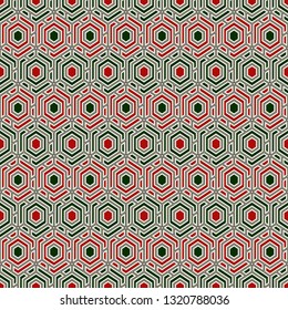 Contemporary honeycomb geometric pattern. Repeated hexagons ornament. Modern mosaic background. Seamless surface abstract design. Geo wallpaper. Digital paper, textile print. Vector art