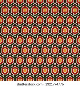 Contemporary honeycomb geometric pattern. Repeated hexagons ornament. Modern mosaic background. Seamless surface abstract design. Geo wallpaper. Digital paper, textile print. Vector art