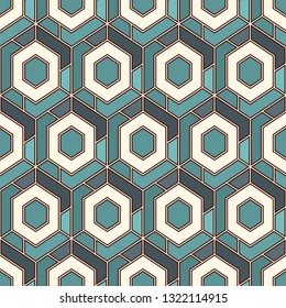 Contemporary honeycomb geometric pattern. Repeated hexagons ornament. Modern mosaic background. Seamless surface abstract design. Geo wallpaper. Digital paper, textile print. Vector art