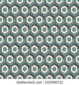Contemporary honeycomb geometric pattern. Repeated hexagons ornament. Modern mosaic background. Seamless surface abstract design. Geo wallpaper. Digital paper, textile print. Vector art