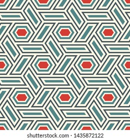 Contemporary honeycomb geometric pattern. Repeated hexagon ornament. Modern mosaic tiles background. Seamless surface abstract design. Geo wallpaper. Digital paper, textile print. Vector illustration