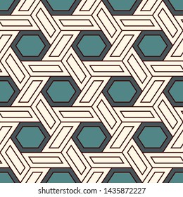 Contemporary honeycomb geometric pattern. Repeated hexagon ornament. Modern mosaic tiles background. Seamless surface abstract design. Geo wallpaper. Digital paper, textile print. Vector illustration